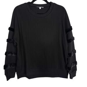 New See and Be Seen Large L Black Faux Fur Striped Detail Crew Neck Sweatshirt